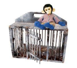Toy monkey on cage